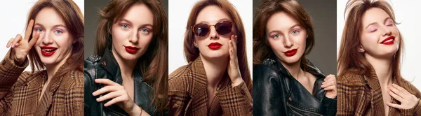 Collage Set Portraits Young Stylish Beautiful Girl Posing Fashionable Jackets — Stock Photo, Image