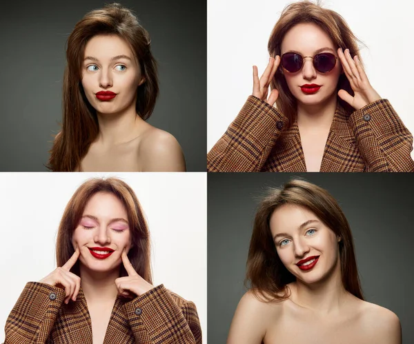 Set Portraits Young Stylish Beautiful Girl Red Lips Makeup Posing — Stock Photo, Image