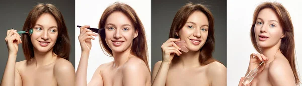 コラージュ 白い背景に肌の後の世話をし よく顔を維持若い美しい少女の肖像画のセット スキンケア 化粧品 自然の美しさ プラスチック手術の概念 — ストック写真