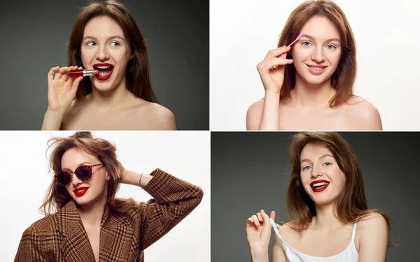 Collage Porträtt Ung Attraktiv Flicka Med Välskött Hud Poserar Mot — Stockfoto