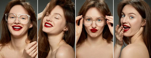 コラージュ グレーの背景に赤い唇のメイクで若い美少女の肖像画のセット 赤い唇のメイク スキンケア 化粧品 自然美 美容整形の概念 — ストック写真