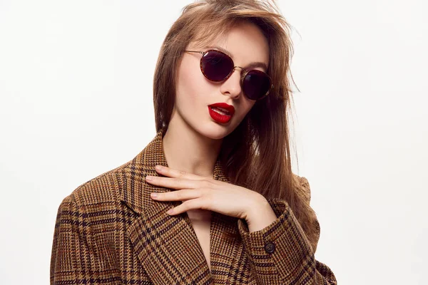 Stylish Young Beautiful Girl Red Lips Trendy Sunglasses Brown Jacket — Stock Photo, Image