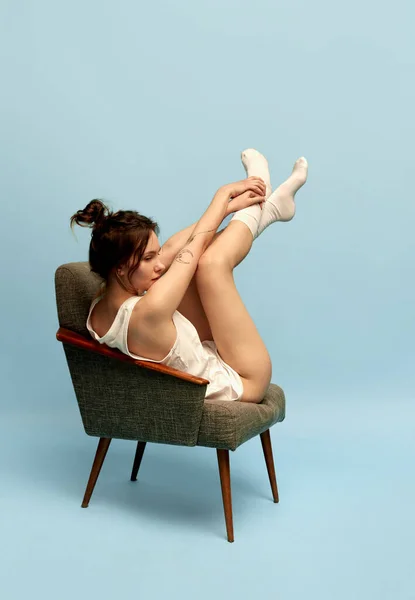 Relaxation Portrait Beautiful Young Slim Girl Hairbun Comfortable Homewear Socks — Stock Photo, Image