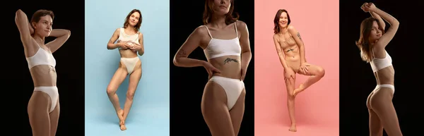 Collage Set Immagini Giovane Bella Ragazza Con Sottile Forma Corpo — Foto Stock