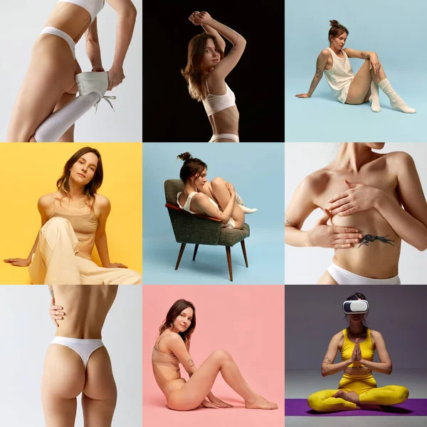 Collage Set Immagini Giovane Bella Ragazza Con Sottile Forma Corpo — Foto Stock