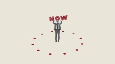 İş adamı motivasyon veriyor. Ya şimdi ya da asla. Zaman yönetimi ve başarılı planlama. Hareket etmeyi, animasyonu durdurun. İş ve hırs, psikoloji, iç dünya, büyüme, duygular konsepti. Kavramsal sanat