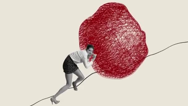 困難な道上に絡み合った抽象的なボールを押す勤勉な女性 困難を克服する 動くなアニメーション 個人的な成果 成長の概念 コンセプチュアルアート — ストック動画