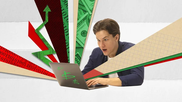 Mercado Comércio Jovem Homem Animado Freelancer Trabalhando Laptop Com Finanças — Fotografia de Stock