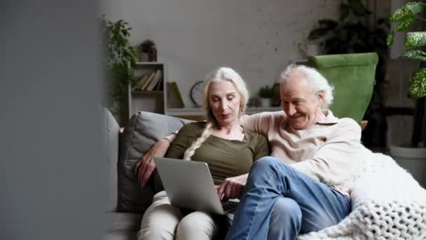 Gelukkig Glimlachend Senior Koppel Oude Vrouw Man Zitten Thuis Bank — Stockvideo