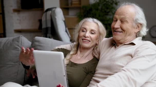 Glückliches Fröhliches Seniorenpaar Rentner Und Frau Die Hause Auf Dem — Stockvideo