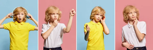 Collage Serie Ritratti Bambino Bambino Posa Con Emozioni Diverse Sullo — Foto Stock