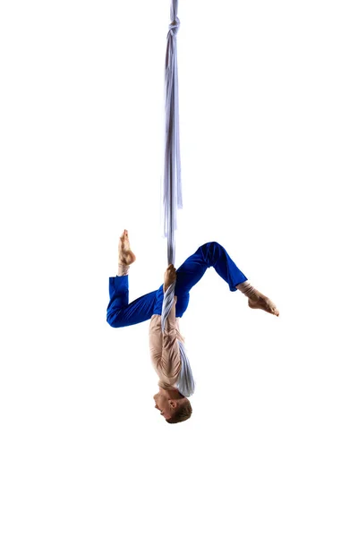 Upside Young Male Professional Aerial Gymnast Acrobat Training Aerial Fabric — Stock Photo, Image