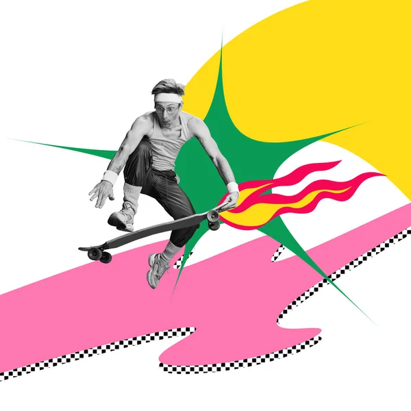 Junger Mann Sportkleidung Auf Skateboard Vor Buntem Hintergrund Sommerhobby Collage — Stockfoto