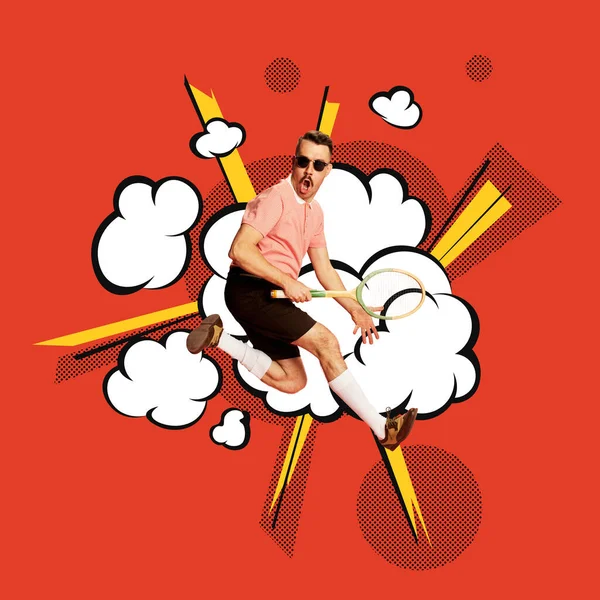Эмоциональный Стильный Красивый Мужчина Позирует Теннисной Ракеткой Красном Фоне Карикатурный — стоковое фото
