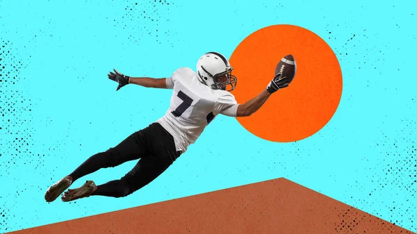Üniformalı Amerikan Futbolcusu Renkli Arka Planda Oynuyor Çağdaş Sanat Kolajı — Stok fotoğraf
