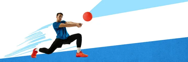Junger Mann Spielt Beachvolleyball Trainiert Beliebtes Sommerspiel Aktives Hobby Collage — Stockfoto