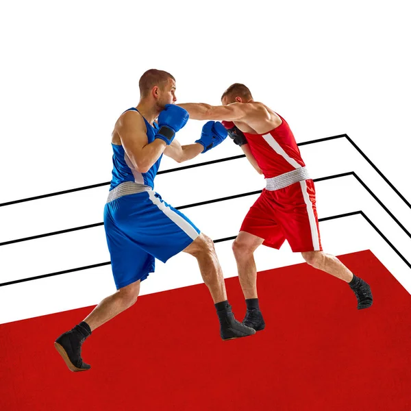 Dwóch Sportowców Zawodowi Bokserzy Walczący Ringu Przeciwnicy Sztuka Walki Kolaż — Zdjęcie stockowe