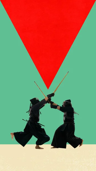 2人の武道家 プロの剣道選手の訓練 抽象的な背景を持つ剣との戦い 現代美術のコラージュ スポーツ 運動の概念 創造的なデザイン — ストック写真