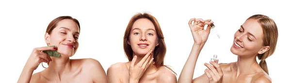 Meninas Bonitas Cuidar Pele Com Produtos Profissionais Soro Facial Massagem — Fotografia de Stock