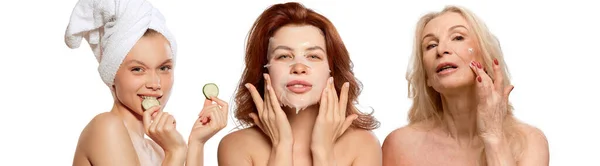 肌の後の世話をし 白い背景にフェイスマスクを適用し 異なる年齢 成熟し シニア女性の美しい女性 コラージュ 自然の美しさ 化粧品 スキンケアの概念 — ストック写真