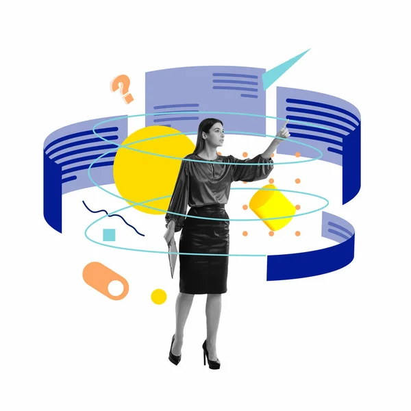 Multitasking Obchodní Žena Projektový Manažer Kontrolující Informace Digitální Obrazovce Spouštím — Stock fotografie