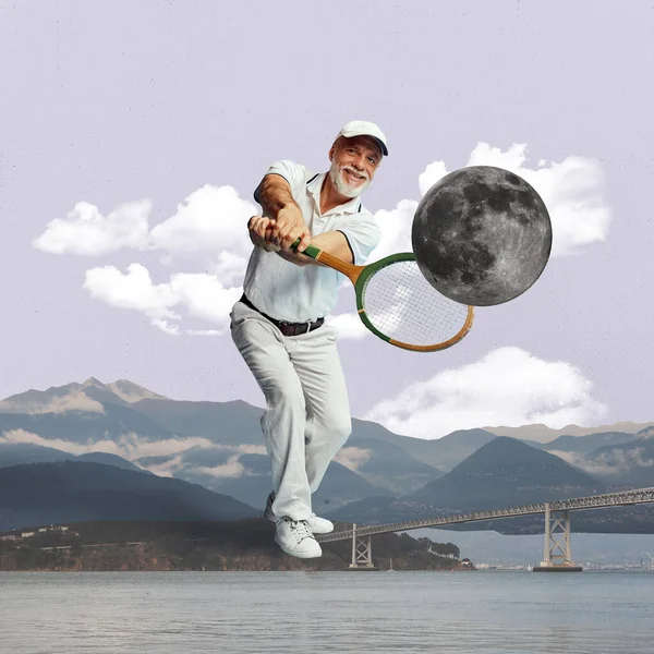 Smiling Senior Man Stylish Clothes Playing Tennis Moon Beautiful Mountain — Stock Photo, Image