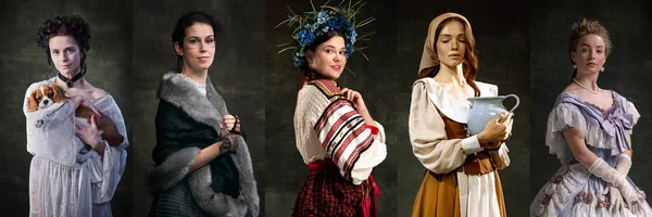 Retratos Mujeres Hermosas Diferentes Ropas Cultura Personas Reales Históricas Posando — Foto de Stock