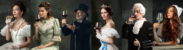 異なる男性と女性の肖像画のセット 暗いヴィンテージの背景にワインを飲む王室の人 現代とルネサンス バロック様式の比較の概念 創作コラージュ — ストック写真