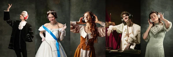 Soubor Portrétů Mladých Královských Lidí Kteří Poslouchají Hudbu Sluchátkách Tmavozeleném — Stock fotografie
