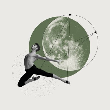 Sanatçı, yakışıklı genç adam, bale dansçıları performans sergiliyor. Çizgi sanatı ile soyut tasarım öğeleri. Çağdaş sanat kolajı. Klasik bale kavramı, güzellik, yaratıcılık, ilham