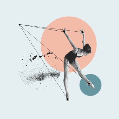 Güzel genç bir kız, siyah elbiseli bir balerin soyut iplerle pastel arka planda tasarım elementleriyle dans ediyor. Çağdaş sanat kolajı. Klasik bale kavramı, güzellik, ilham