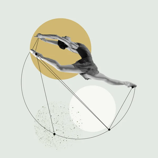 专业的芭蕾舞演员 带着抽象的设计元素 在柔和的背景上跳舞 当代艺术拼贴 古典芭蕾 创造力 灵感概念 — 图库照片