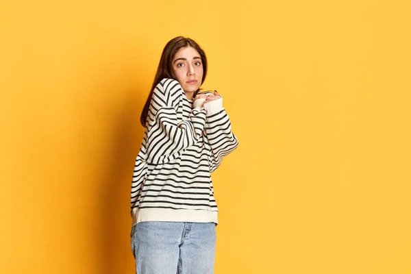 Studio Portrait Young Girl Stripes Sweater Posing Little Fear Eyes — Stock Photo, Image