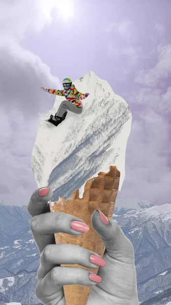 stock image Active tourism. Young girl on snowboard riding on snowy ice cream cone over winter mountains view. Contemporary art collage. Concept of travelling, creativity, surrealism, inspiration, youth