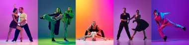 Set of artistic young people, men and women dancing hip hop, tango and ballroom against multicolored background in neon light. Concept of art, hobby, fashion, youth. Collage clipart