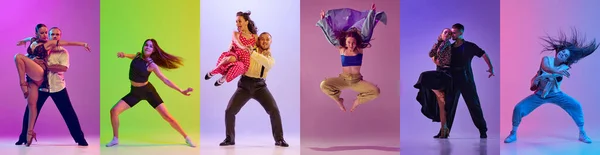 ネオンの光の中で 様々なダンススタイル ボールルーム ヒップホップ コンテンポラリーダンスを踊る若者のイメージのセット アート ファッション レトロ モダンなスタイルの概念 — ストック写真