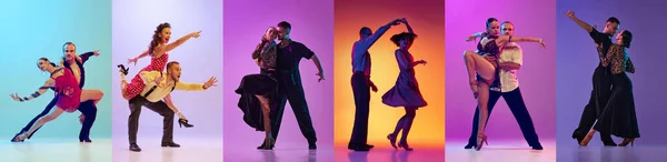 在霓虹灯下 一对年轻夫妇 男男女女身着时髦服装 在五彩缤纷的背景下跳复古舞 探戈舞和交际舞的生动画面 艺术的概念 大学生活 — 图库照片