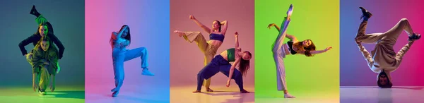 一组年轻活跃的人 男人和女人在现代舞中跳舞 嘻哈在霓虹灯下映衬着五彩斑斓的背景 业余爱好 舞蹈艺术概念 — 图库照片