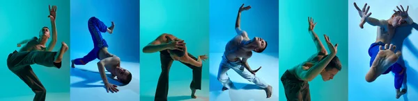 コラージュ ソロダンサー 柔軟なアーティスト コンテンポラリーダンスのスタイル 青いシアンのスタジオの背景で踊っている若い無気力な男 身体美学 インスピレーション 現代の概念 — ストック写真