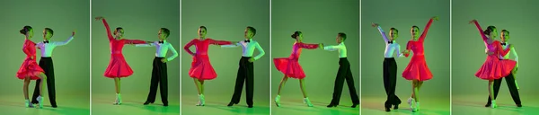 コラージュ ルンバ タンゴ ネオンの光の中で緑の背景に美しい小さな男の子と女の子のダンスボールルームダンスの完全な長さの肖像画 美しさ 優雅さ 感情の概念 — ストック写真