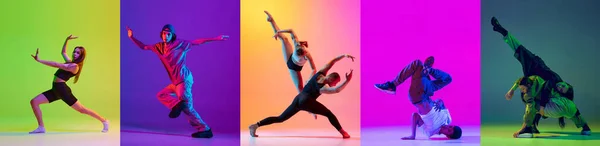 現代のダンススタイルを踊る芸術的な若者 男性と女性のセットは ネオンの光の中で多色の背景にヒップホップ ファッション 運動の概念 コラージュ — ストック写真