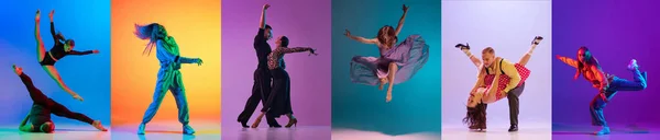 舞蹈表演的美丽 在霓虹灯下 一组年轻人 男人和女人在五彩斑斓的背景下跳舞的图像 业余爱好 青春的概念 大学生活 — 图库照片