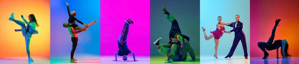 Young artistic talented people, men and women in stylish stage costumes dancing against multicolored background in neon light. Collage. Concept of art, hobby, fashion, youth, choreography