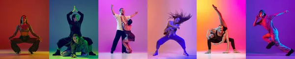 Diverse dance styles. Young people, man and woman dancing modern and classical dance types against multicolored background in neon light. Concept of art, hobby, fashion, choreography, youth