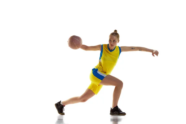 Concentración Motivación Para Ganar Chica Joven Jugador Baloncesto Movimiento Entrenamiento — Foto de Stock