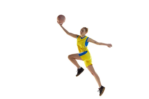 Dynamisk Bild Ung Tävlingsinriktad Ung Flicka Basket Spel Spela Utbildning — Stockfoto