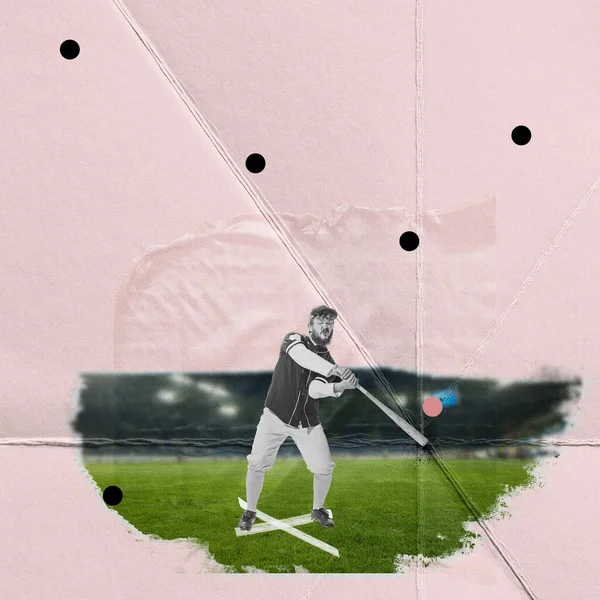 Szakállas Egyenruhás Fiatalember Baseballozik Denevérrel Áll Sportpályán Absztrakt Rózsaszín Háttér — Stock Fotó