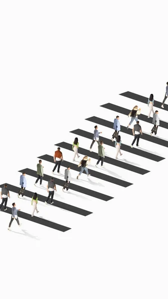 就職フェア 雇用と教育 グループ別の人々の歩行者の白い背景を横断上を歩く 空中展望 人間の協力 オンライン 現代的なライフスタイルの概念 垂直配置 — ストック写真