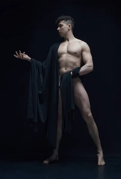 Full Length Portrait Muscular Shirtless Handsome Man Posing Dark Fabric — Stock Photo, Image