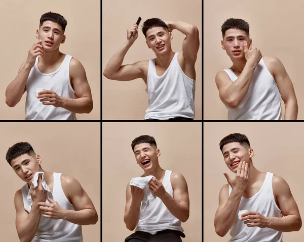 Collage. Set of portrait of handsome, positive young asian man in singlet, taking care after skin against light brown studio background. Concept of male beauty, skincare, cosmetology, mens health